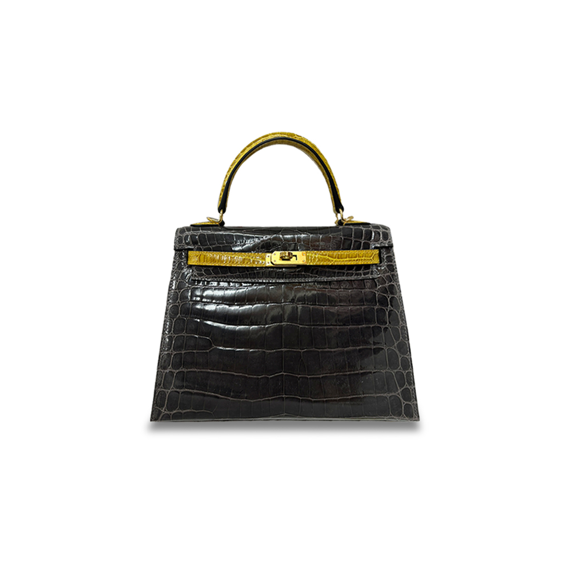 H**mes master kelly 25 crocodile graphite grey and amber yellow gold hardware (25*17*7cm)